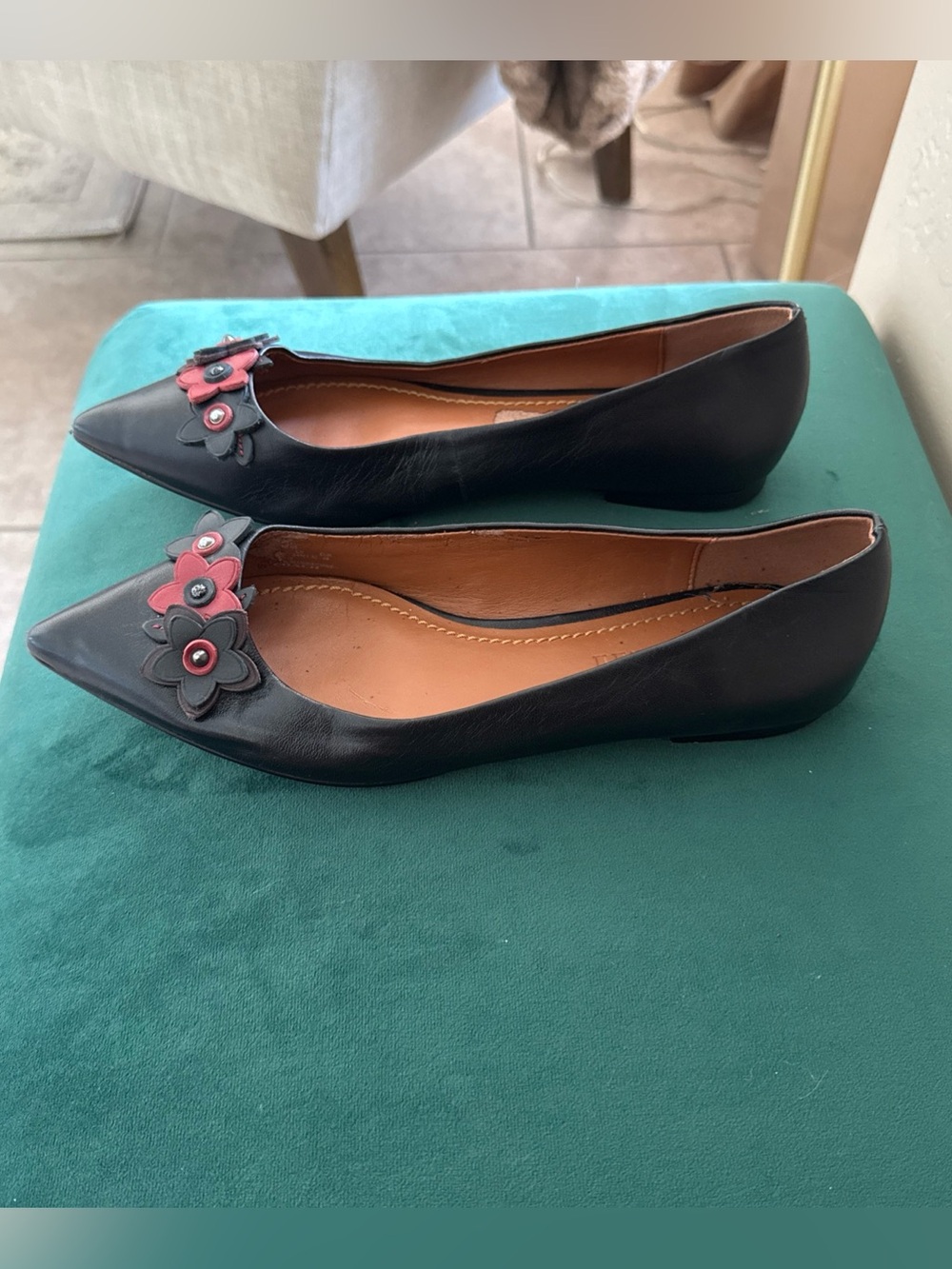 Coach Black Pointed Toe Floral Applique Women's Flats